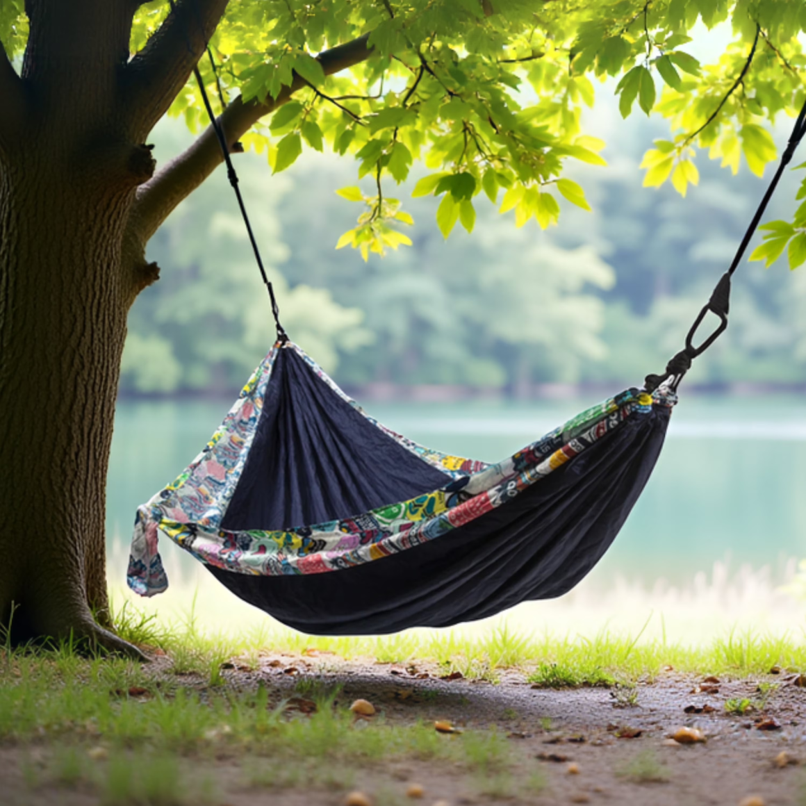 Colorful hammock strung between trees beside calm lake with lush greenery, grass, and pebbled ground in tranquil outdoor setting